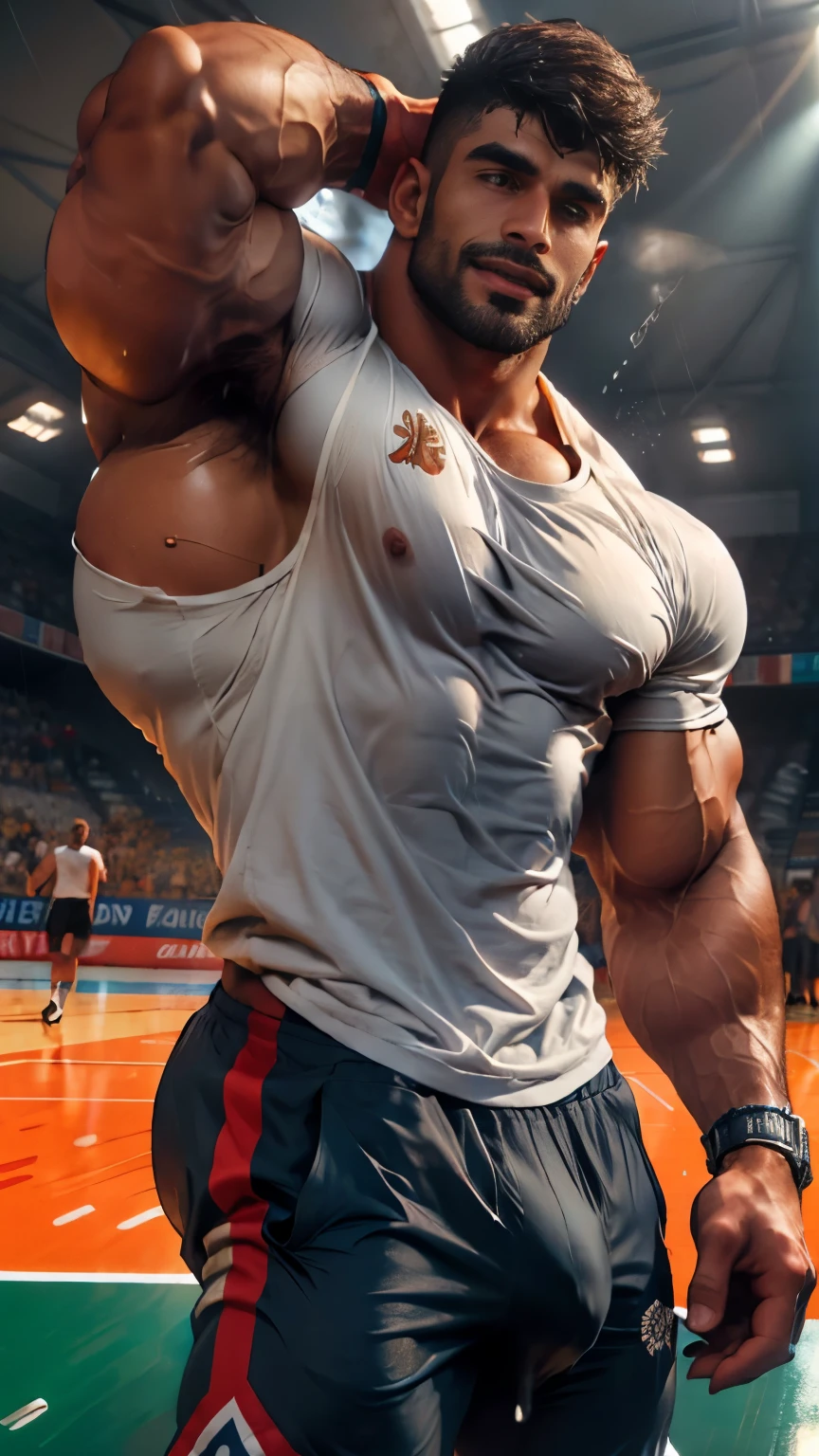Indian Close up focus on Head to thights view, 30 years old indian man lifted his wetty fitted tee shirt upward in mouth and joggers, bandhoiz beard man standing in basketball court in rain, rain drops dripping on body, and showing wetty hairy chest wetty bulge indian perfect bulge in pant, masterpiece, seductive ,erotic, exotic
moments, tee shirt upward, public hairs