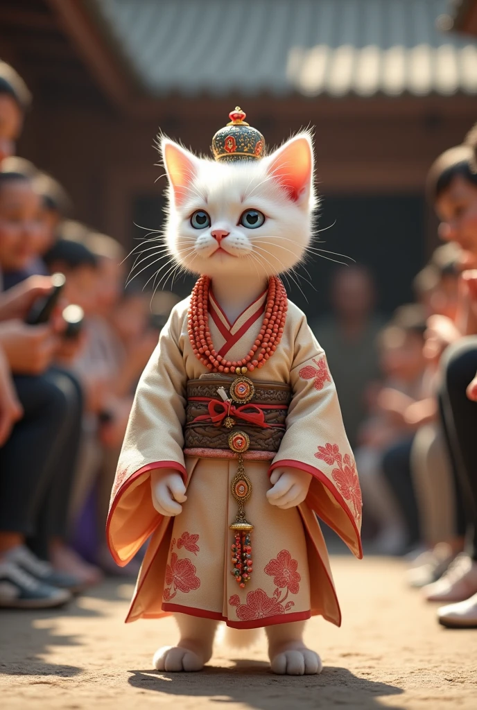 A white kitten walks elegantly on two legs, dressed in a traditional japnes groom's agbada with intricate embroidery and matching coral bead jewelry. He wears a fila (hat) on his head, and his fur is perfectly groomed. The audience is thrilled, taking countless pictures of this cultural groom look."