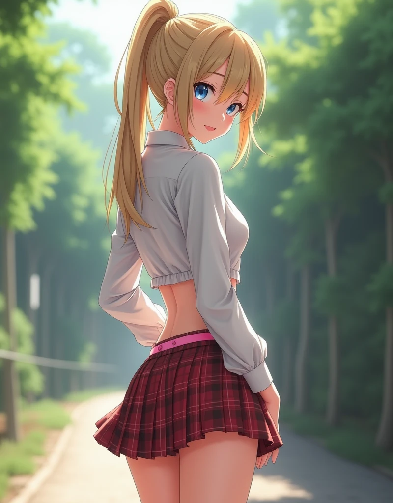 Incredibly realistic and highly detailed a cute hot schoolgirl, standing, outdoors. ((She wears a very short, much shorter and tight pleated plaid miniskirt)), ((very short)), which falls just above her butt, ((exposing more than half of her perfect butt)), thin, ((she is wearing a super sexy g-string (pink thong), ((you can see how it is tucked between her buttocks)), with an unbuttoned white blouse, No bra, adjusted to her figure perfectly, round and very sexy butt, toned thighs , beautiful legs Her hair is tied in a ponytail, depicted with photographic precision. She looks back over her shoulder with a playful but realistic smile, her blue eyes shine with realistic details, full red lips, tall perspective, hair. long and blonde, beautiful and detailed face and eyes, lighting, shadows and textures are rendered with ultra-realism, full body image, body in incredible shape (masterpiece, high resolution, ultra detailed, best quality: 1.2), with extreme focus on photorealistic textures, lighting and intricate details making the image realistic. , (photorealistic, realistic: 1.2), award-winning, natural lighting, natural shadow, best depth of field, perfect timing: 1.2), (physically based rendering, anatomically perfect: 1.2), anatomically, HD, 8k, high details, super detail , textured skin, 1080P, HD, 8k, high resolution, high details, super detail, textured skin, anatomically correct, accurate. (NOT ANIME) (NOT CARTOON)