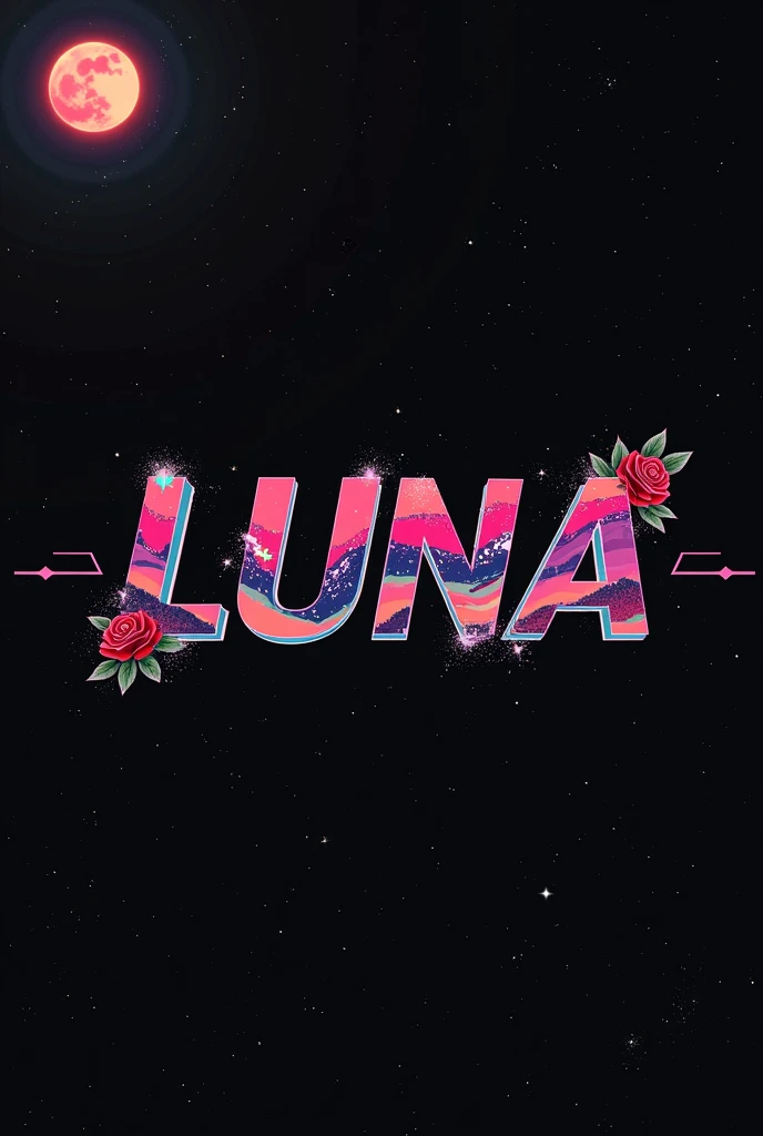 High resolution, logo spelling swiftly “Luna” cool, Jdm theme, anime theme, Cyberpunk vibe name spelling, brand logo, logo for tshirt, brand logo “LUNA”, neon vibes, acid trip vibes, acid trip, shooting stars, acid trip inside “LUNA”, acid trip, hallucinations inside “LUNA”, Waves of hallucinations, stars in the background, red strange moon, red roses with green leaves, blood moon,