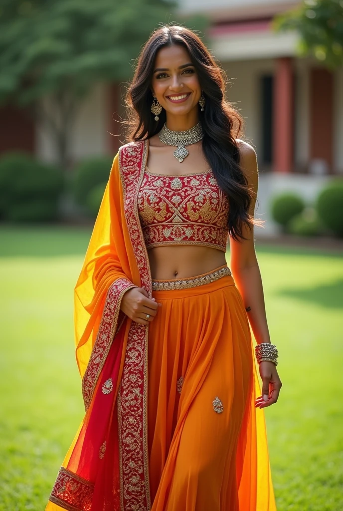 Perfect Indian sexy fittest wife with embroidered churidhar, HDR, 8k, hyper detailed, best quality, ultra-high resolution, HDR, 8k, walking on the lawn , look at viewer, waist level view, bright smile, wearing platinum ornaments, casual pose , average body with 36 D size breasts,26 hip size and 36 waist size, waist level view, show background