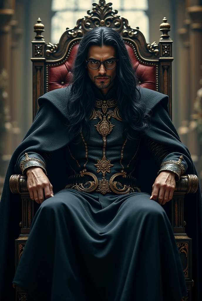 A dark king, Black hair, 4, good looking, sitting on his throne, high, wears glasses, slightly serious expression, dressed in the robes that kings wear in fairy tales.