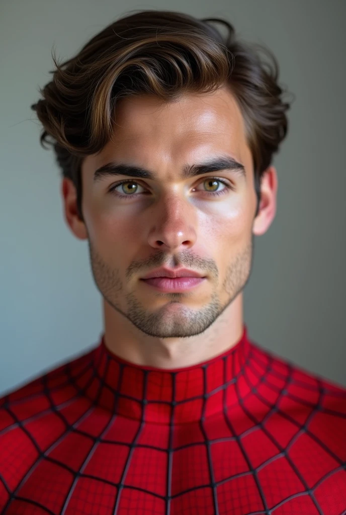 A photograph of spider man, no mask, 20 yo, handsome, detailed face, looking at camera, portrait, 8k uhd, high quality