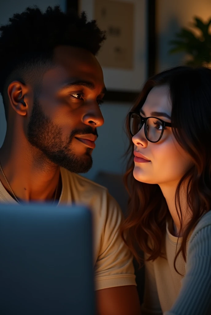 An Ethiopian man talking to his Caucasian female friend on webcam and his friend wear glass