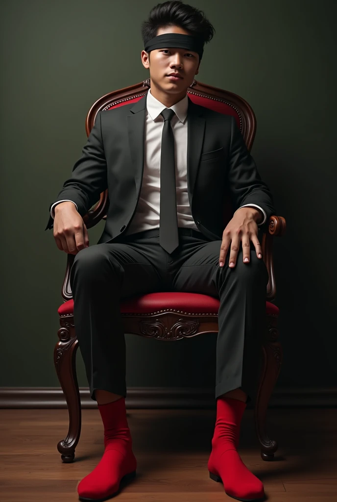 Malay handsome21years man, Red sock,focus feet,hand on wooden chair,blindfoformal,kidnapped,fetickled mafia tickle his soles using feather. duster,ticklish