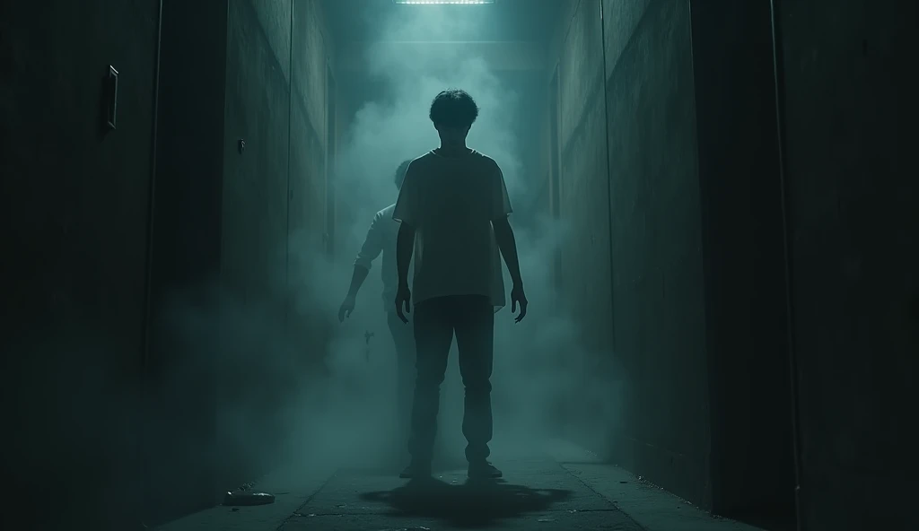 A terrified 1 yang man feeling a ghostly hand on his shoulder in a dark hallway.