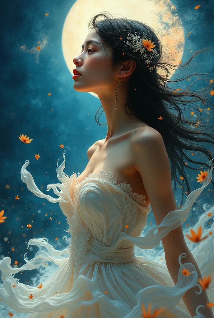 abstract beauty,centered,looking at the camera,approaching perfection,dynamic,moonlight,highly detailed,digital painting,artstation,concept art,smooth,sharp focus,illustration,art by Carne Griffiths and Wadim Kashin . energetic brushwork, bold colors, abstract forms, expressive, emotional, official art,unity 8k wallpaper,ultra detailed,beautiful and aesthetic,masterpiece,best quality,(zentangle, mandala, tangle, entangle),(fractal art:1.3),1girl,extremely detailed,dynamic angle,cowboyshot,the most beautiful form of chaos,elegant,a brutalist designed,vivid colours,romanticism,by james jean,roby dwi antono,ross tran,francis bacon,michal mraz,adrian ghenie,petra cortright,gerhard richter,takato yamamoto,ashley wood,atmospheric,ecstasy of musical notes,streaming musical notes visible,