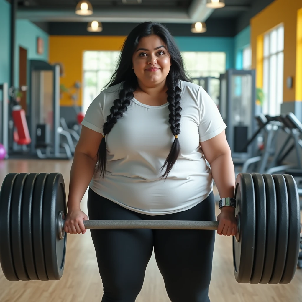 A overweight Girl, black hair, braided hair on both sides, white t-shirt, black legging, wear shoes, looking viewer, facing the viewer, excitement on the face, hand lifting big solo weights, trying to loose weight, back ground at many colored gym. realictics, You should not describe the chest and genital areas.