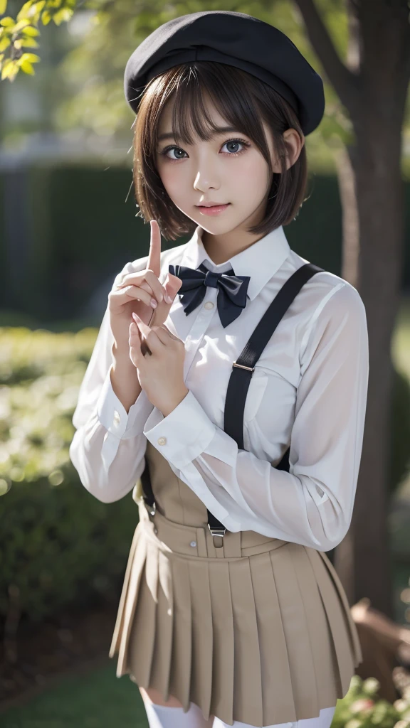 Japanese girl、17years old、1 person、((Bob cut hair:1.3))、(Small breasts:1.3)、Cowboy Shot、Highest quality,High resolution,Super detailed,8k、,超High resolution,La Highest quality:1.4, Realistic:1.4, Skin Texture:1.4, masterpiece:1.8,First Job, Highest quality,( Finger details:1.4),( Perfect Anatomy)、garden、(Haveoba tsugu,(white:1.3) pantyhose,,Have,Black Beret,Hair fluttering,Black pleated skirt,suspenders,white collared shirt,bow tie,Black Loafers,Side angle