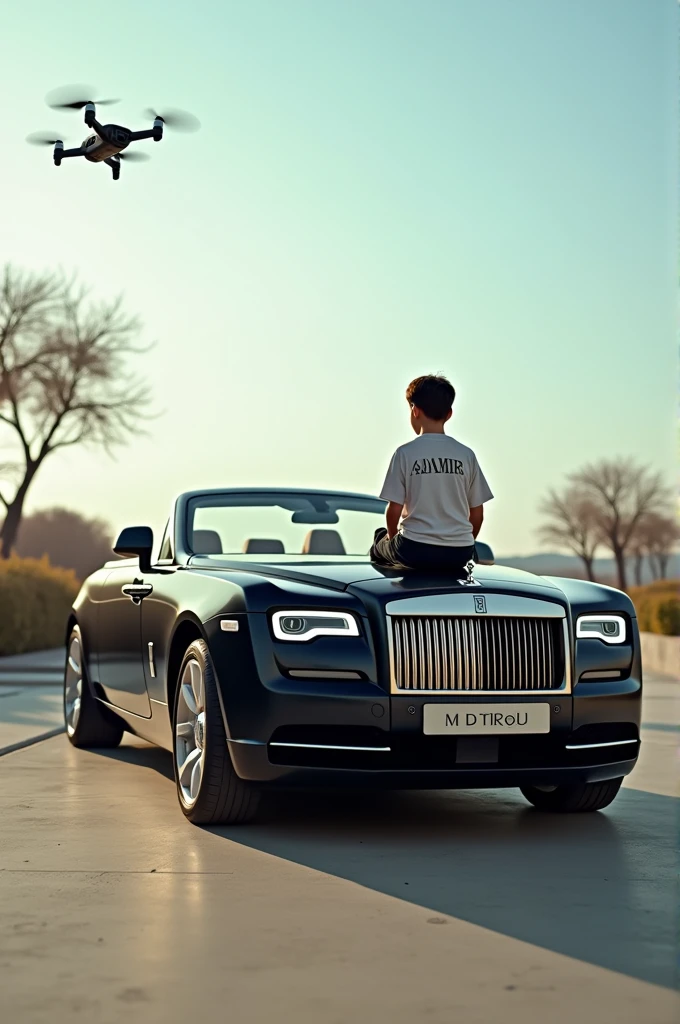 Generate a pic of rolls-royce la rose noire droptail with a Pakistani young  boy sit on car and written name of his shirt is 'Aamir' for Mobile Wallpers and show fly drone pic and show clear name.
