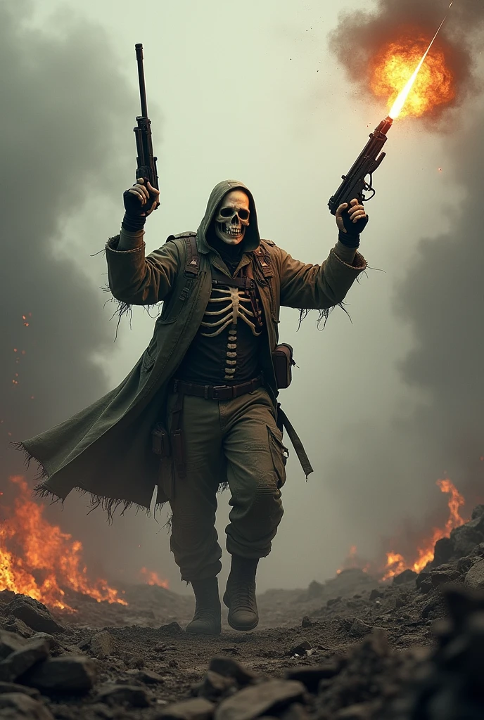 A man with gun and doing fire in air in a war
Wearing a skeleton mask