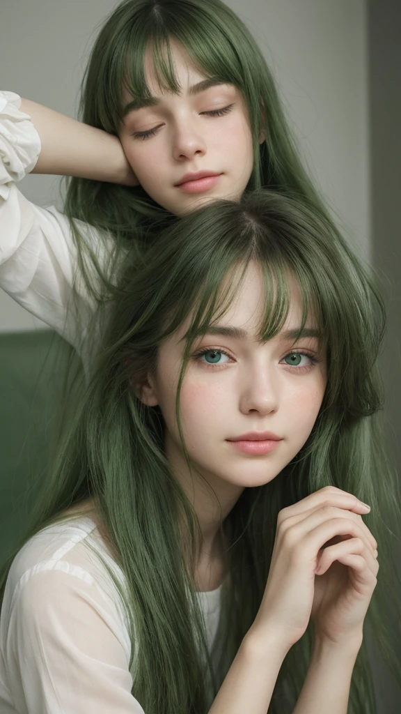 a girl. European. Extremely detailed face. Oval face. Delicate facial features. Half-closed eyes. Long straight hair. Messy hair. Bangs. Green hair. Green eyes. Pensive. Melancholic. Ethereal. Innocent. smile