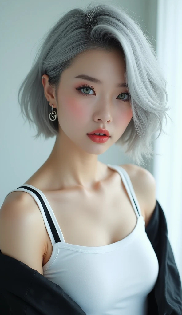 (8k, Photorealistic, RAW Photos, Highest quality: 1.4, detailed),A Japanese idol-like beautiful girl,model,1 person,1,(Short Bob),(Silver Hair),She has her hair tucked behind her ears,Large, clear gray eyes,Long eyelashes,(piercings(small)),(Lip gloss),lips(Plump,glossy),thin long neck,Thin and delicate shoulders,Mid-neck T-shirt,Layer a sleeveless jacket,Parachute pants,Sneakers,Cool pose,studio,Front view,Full body shot portrait