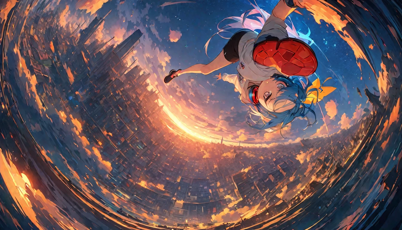 ((Super detailed))/(((masterpiece、An illustration、最high quality)((Super detailed))/),8k HDディテール、Hyper Detail、Cinematic、。---v6、((Amazingly absurd)),超High resolution、Attention to detail、high quality、High resolution、最high quality、4K、8k、1 pretty girl、Blue Hair、eye、White tight hoodie、Red headphones、Black shorts、Night view、Starry Sky、Fisheye Lens、Falling from the sky