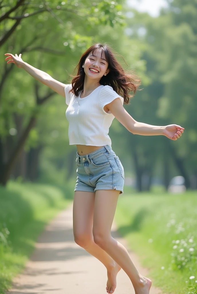 Whole body, jump, (lol: 1.3), smile, 8k UHD, RAW photo, Japanese beautiful girl, small breasts, (actual: 1.3), (high resolution: 1.4), (details: 1.5), (real: 1.7) , masterpiece, RAW photo, art portrait photo, 16yo,beautiful girl who looks like Suzu Yamanouchi, outdoors
