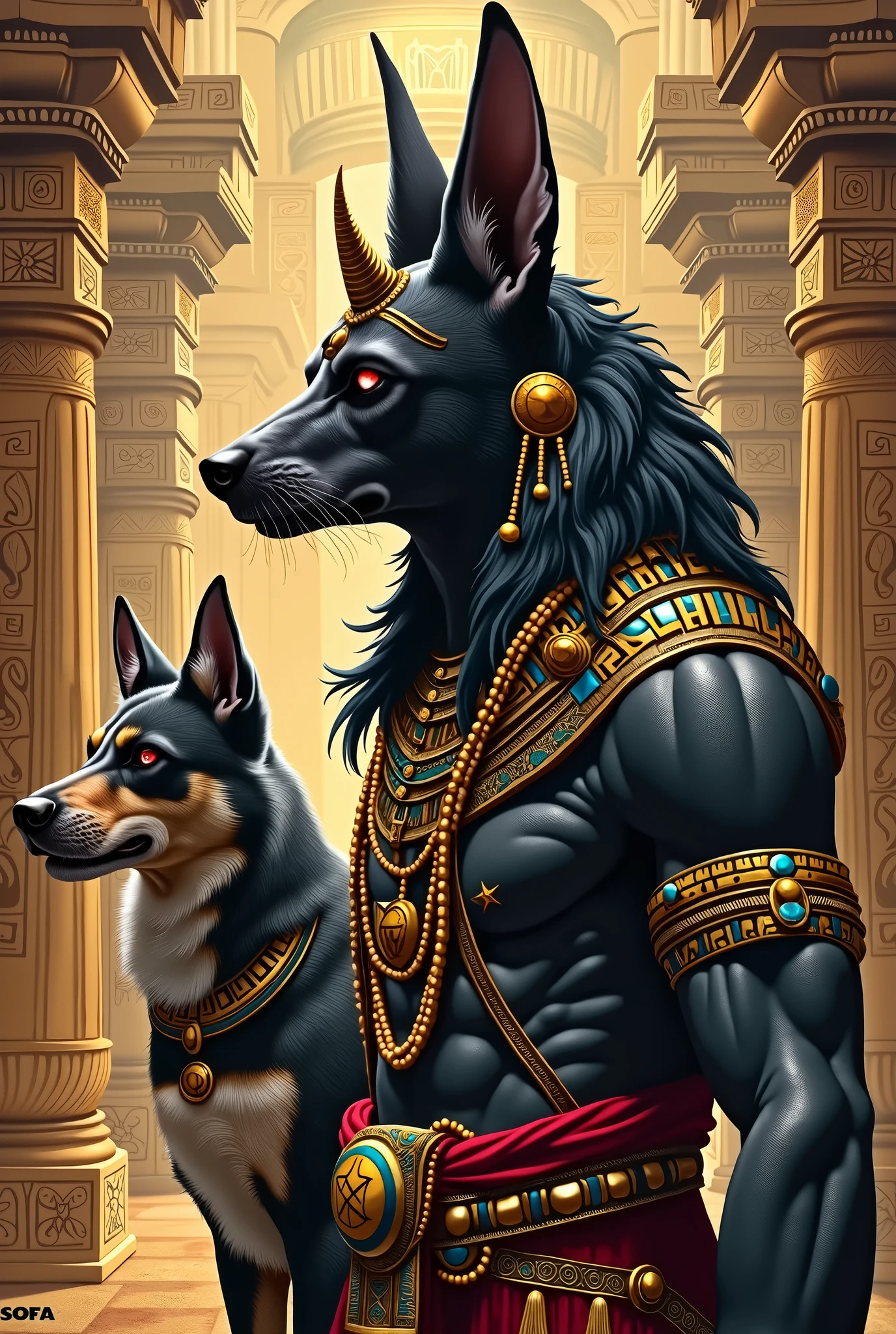 Generate  a image of indain mythological  character  kaal bhairav  with his dog into war portrait  art work in egyptian  style  side view