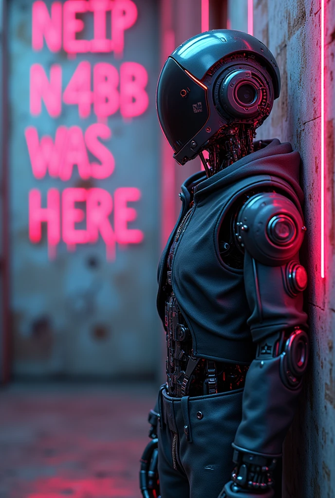 A humanoid robo boy. A quote  “ N4B1B was here “ written in background capital letters. 
Background quote more visible . The humanoid is in one side and the quote is in another. Neon lights

