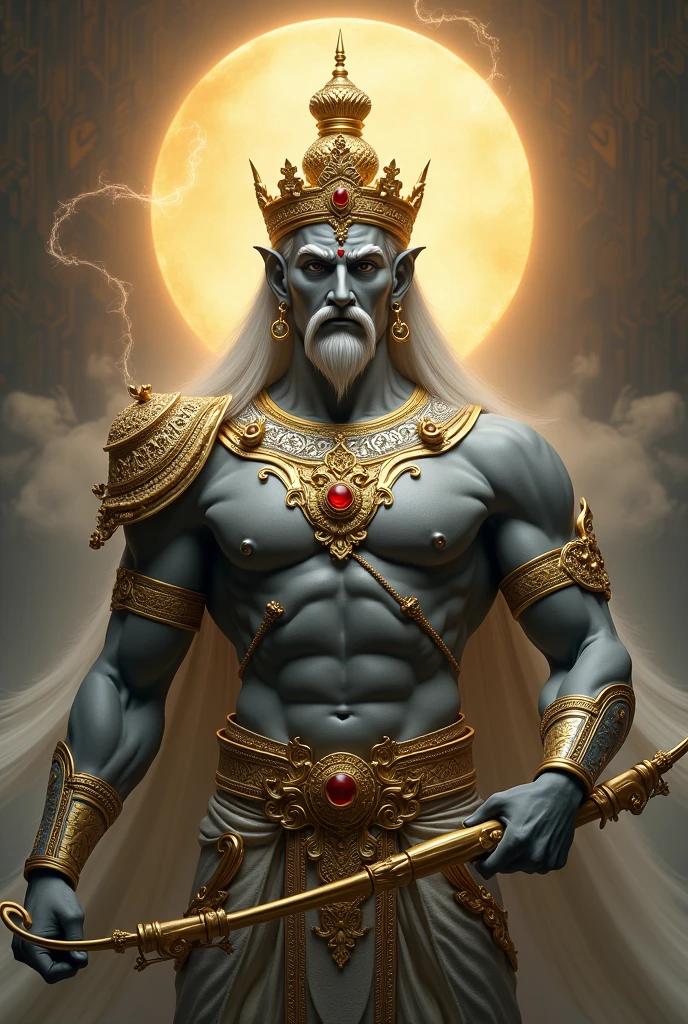 Create a highly detailed character with perfect proportions. The warrior god in the Siamese legend. The character should have a small mustache and beard. The figure, face, skin, silver-gray color, and a strong expression. The character wears gold armor decorated with intricate patterns, including chest pieces, wristbands, armbands, shoulder pads, and a crown with gold.
Red gems are placed on the forehead. He holds a golden bow that emphasizes the intricate and delicate workmanship, with arrows in one hand and a tight fist in the other hand. The background should have a mysterious pattern, a golden circle at the head, radiating energy, with a thin white mist swirling around the character, adding an aura of mystery and power. The proportions are perfect, no missing parts.