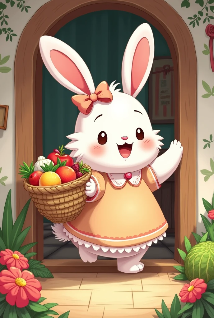 A white big bunny wearing female clothes coming into her house with food in cartoon style