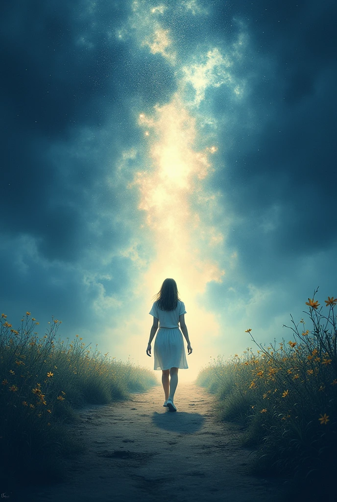 Theme: Shadows and light, with a message of hope and renewal through a young woman's personal journey.
Atmosphere: The cover should evoke a sense of transformation and optimism. Although it features elements of darkness, light and bright colors should predominate to convey hope and resilience.
Background: Choose a background that gradually transitions from dark to lighter tones, such as a night sky brightening toward the horizon. Use colors like deep blue that fades into a soft blue or pale pink.
Central Element: Depict a young woman as the central figure, walking along a path or towards a bright light. The woman can be depicted in silhouette or with delicate details, as she walks towards the luminous horizon or through a landscape that is becoming illuminated.
Additional Details: Include elements such as a sunrise or rays of sunlight emerging through the shadows, symbolizing hope and overcoming difficulties. You can add details like blooming flowers or a light fog illuminated by sunbeams to emphasize rebirth and hope.
Main Colors: Dark shades of blue and gray that blend with light tones of blue, gold, and white. This contrast should represent the passage from darkness to light.
Style: The design should be bright and inspiring, with a strong but positive visual impact. Maintain a balance between elements of shadow and light to reflect the message of hope.
Symbolism: The design should evoke a feeling of hope and growth. The figure of the young woman, walking towards the light or through a luminous landscape, should represent transformation and the power to overcome challenges.
Translation: