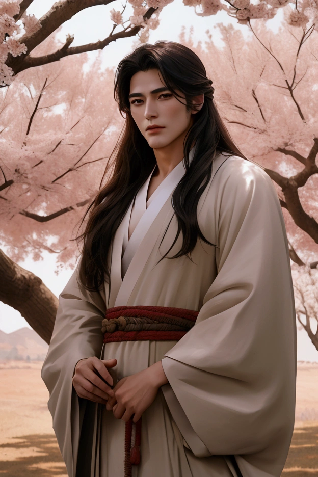 A long-haired handsome man in ancient costume，Wearing an ancient robe，Standing under a peach tree，Sideways。Anime Face，Realism，Soft Light，High contrast，high resolution，high quality，masterpiece。
