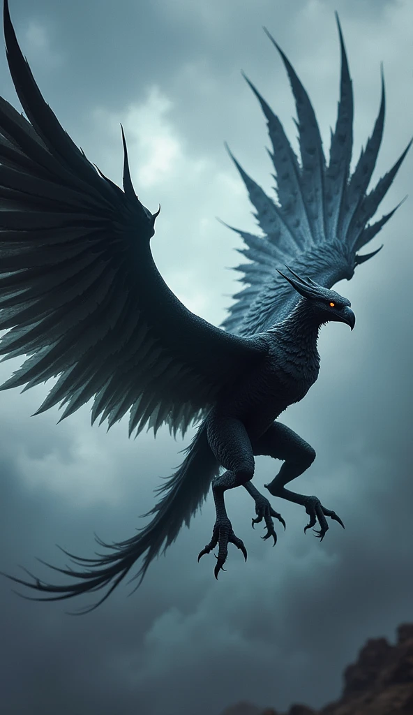 "A full-body action shot of a fearsome creature known as the 'Bladewing.' This avian beast boasts wings made of razor-sharp blades instead of feathers, each glinting with a metallic sheen. Its sleek, black, obsidian-like feathers contrast with the deadly, shining metal of its wings. The creature is captured mid-flight, wings spinning and slicing through the air with deadly precision. Its eyes glow with a cold, calculating light as it locks onto its target. The background is a stormy sky, with the creature’s rapid movements creating wind currents and leaving trails of light as its wings cut through the air. Dark, dynamic, and menacing, with a focus on the intricate details of the bladed wings and the powerful presence of this deadly avian predator."