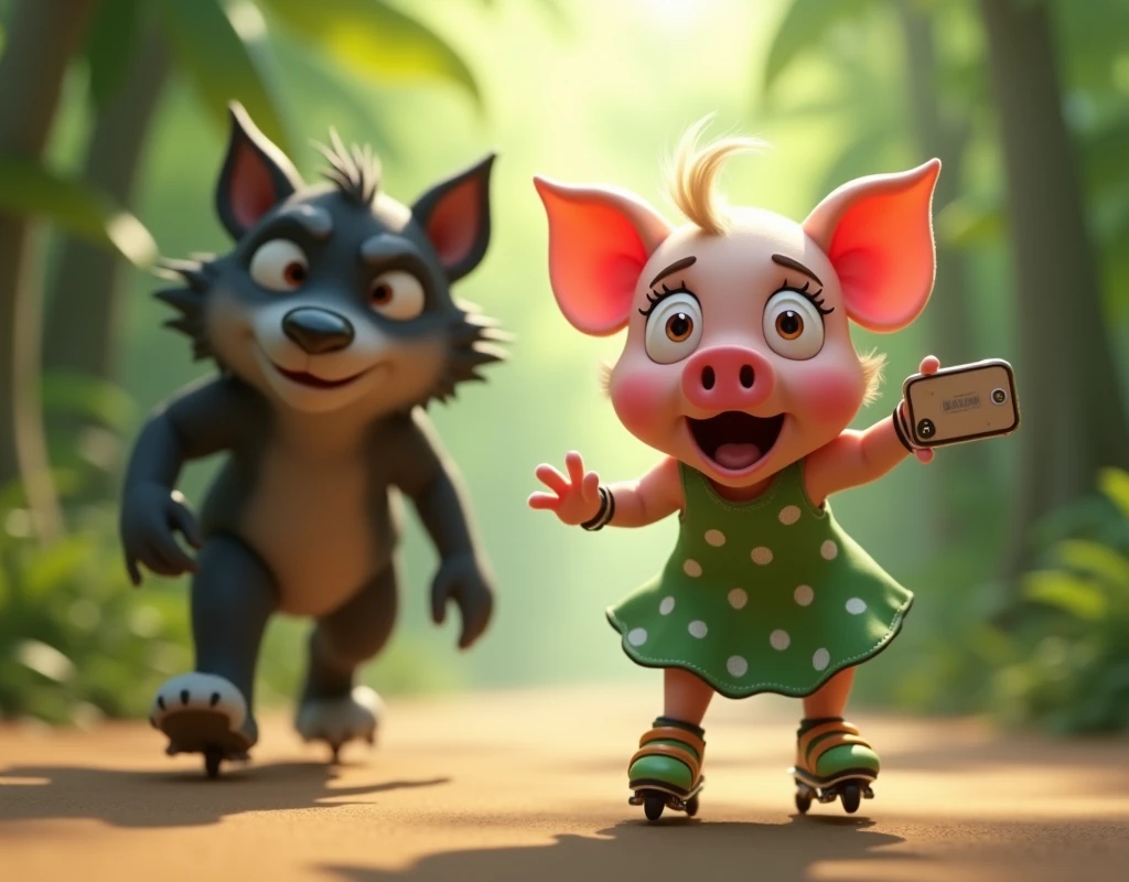 pixar style, 3d, 1scared cute piglet and 1black wolf, the cute piglet is in front and on right side screaming in fear and is taking a selfie photo from her mobile phone while moving fast on her rollerblades, the piglet is wearing green dress with white polka dots, the black wolf is on the left side behind the piglet, the black wolf is furry with grey snout and belly, with realistic black fur, cute but revengeful mischief and is looking at the piglet while laughing and looking sly and scary. The setting is of a jungle in bright day light, game button art, Game illustration, lovely digital painting, artstation for kids art, Official artwork, key art, mobile game art, cover game art, zootopia concept art, (soft lighting:1.3), (green and earthy color scheme:1.3), (highly detailed), (ultra quality:1.3), (masterpiece), (digital art), 8K resolution, HDR, depth of field, (soft shadows), (photorealistic:1.3), (animation:1.2), (by Greg Rutkowski:0.9), (in the style of Alphonse Mucha), trending on ArtStation, award-winning art, 3d style