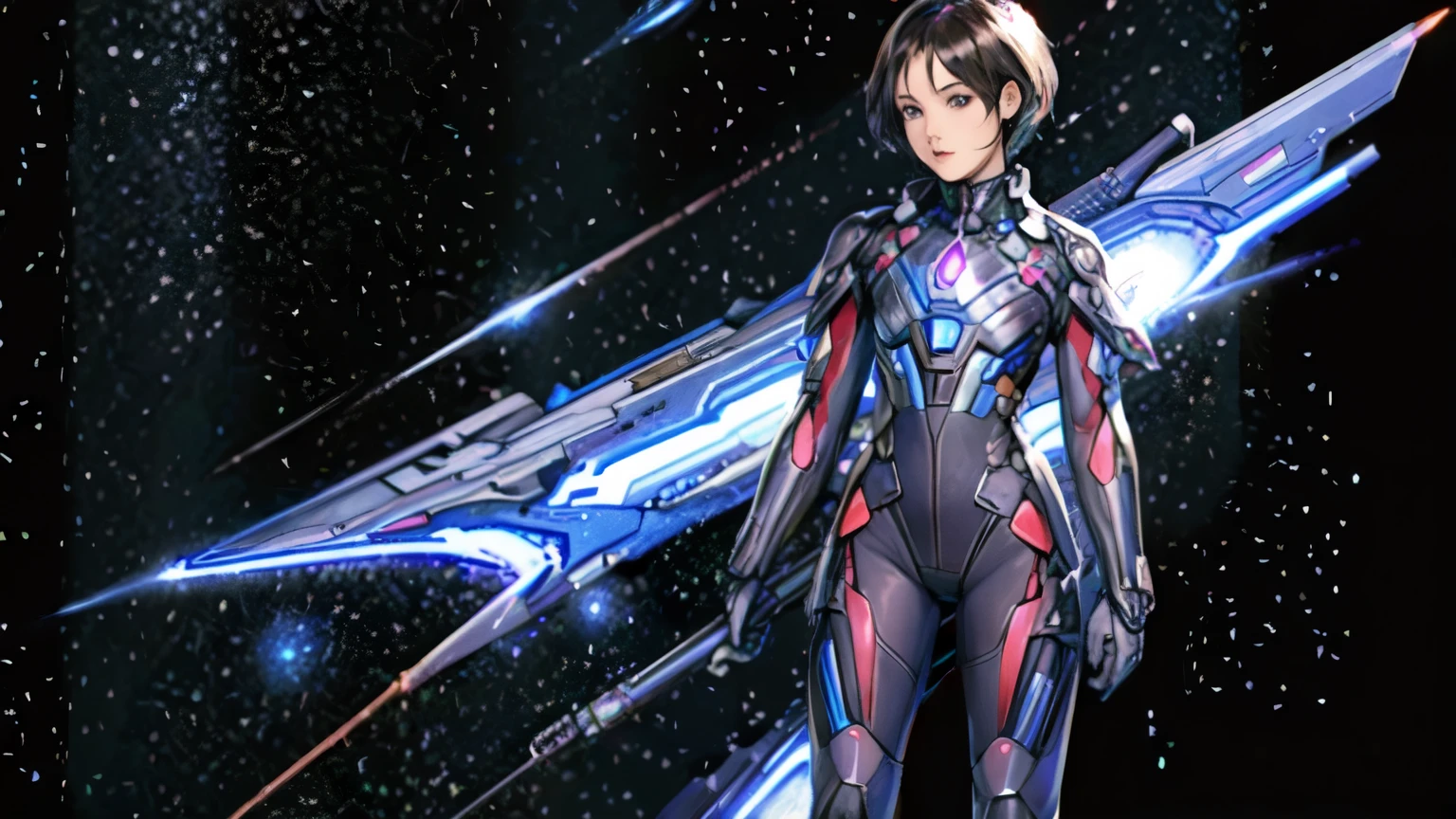 278 (20-year-old woman,short hair) , flower, Futuristic clothing, machinery suit, (The background is a galaxy and nebula)