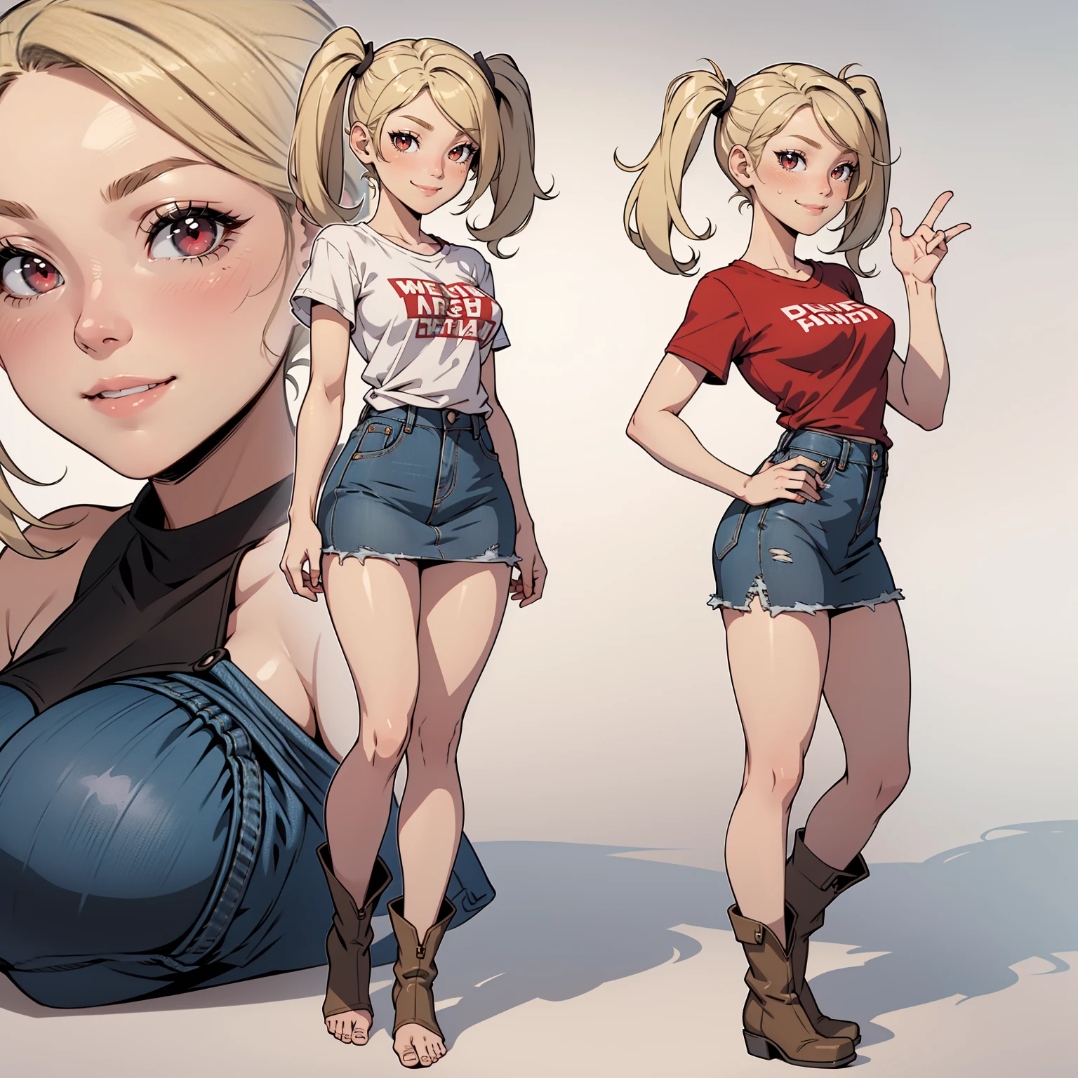 Very detailed, smiling facial expression, medium breasts, full body view, blonde hair with twintails, red eyes, small breasts, looking at viewer, wearing grey t-shirt, denim skirt, black boots, bare feet, cute pose.