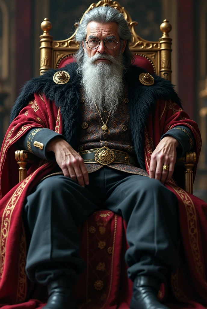 A dark king, Slightly grey hair with white streaks due to old age, 6, good looking, sitting on his throne, high, wears glasses, slightly serious expression, dressed in the robes that kings wear in fairy tales.