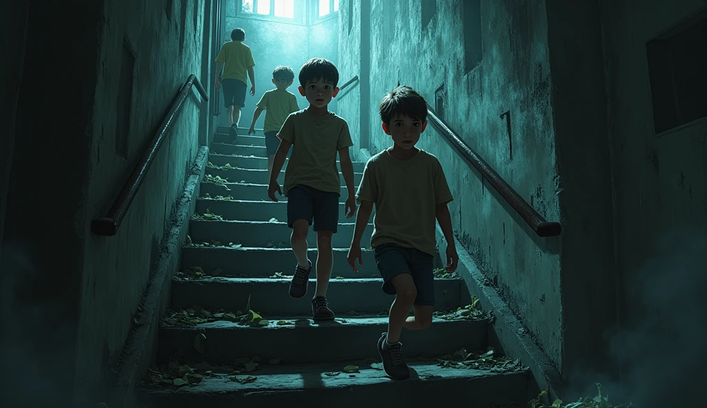 Young boys and his 3 friends walking on horrer upstairs
