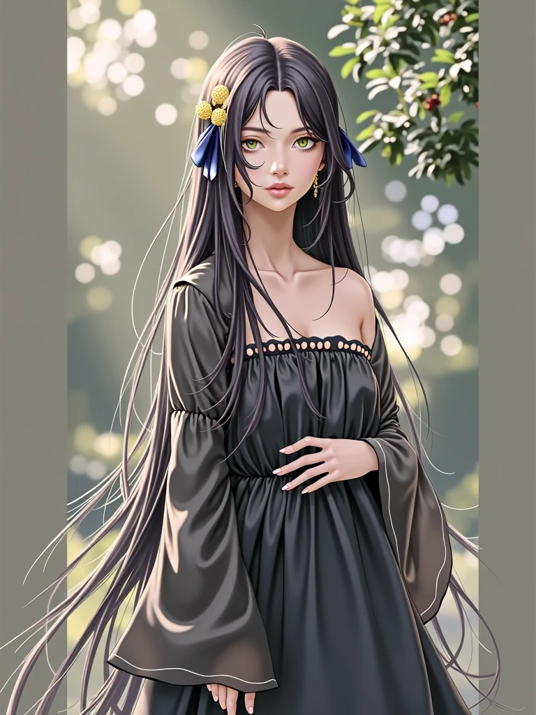 One person, Long Hair, Gaze, Black Hair, ribbon, 