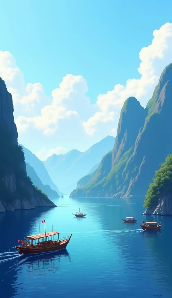 Help create a picture of mountains and sea with clear sky and fishing boats.
