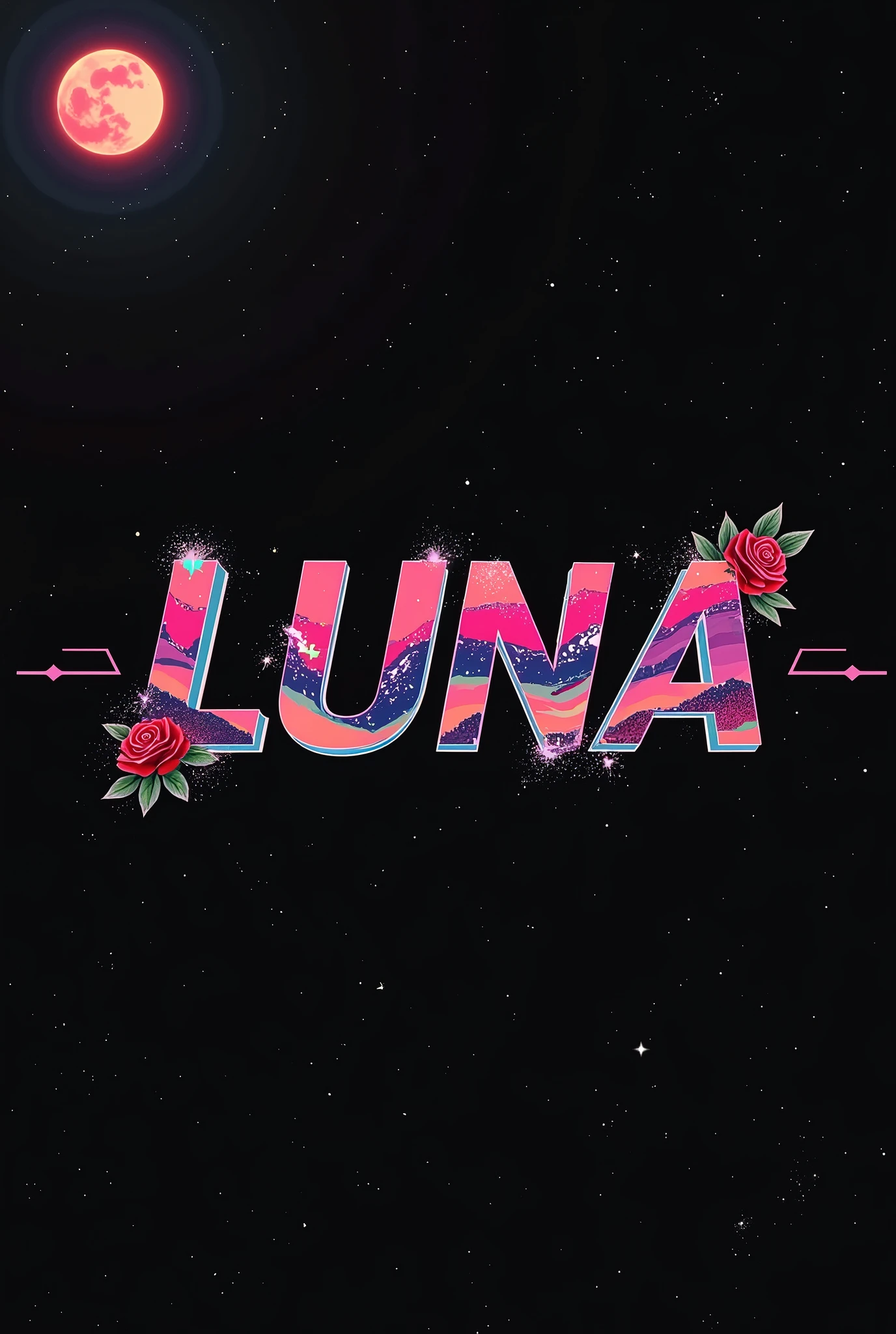 High resolution, logo spelling swiftly “Luna” cool, Jdm theme, anime theme, Cyberpunk vibe name spelling, brand logo, logo for tshirt, brand logo “LUNA”, neon vibes, acid trip vibes, acid trip, shooting stars, acid trip inside “LUNA”, acid trip, hallucinations inside “LUNA”, Waves of hallucinations, stars in the background, red strange moon, red roses with green leaves, blood moon,