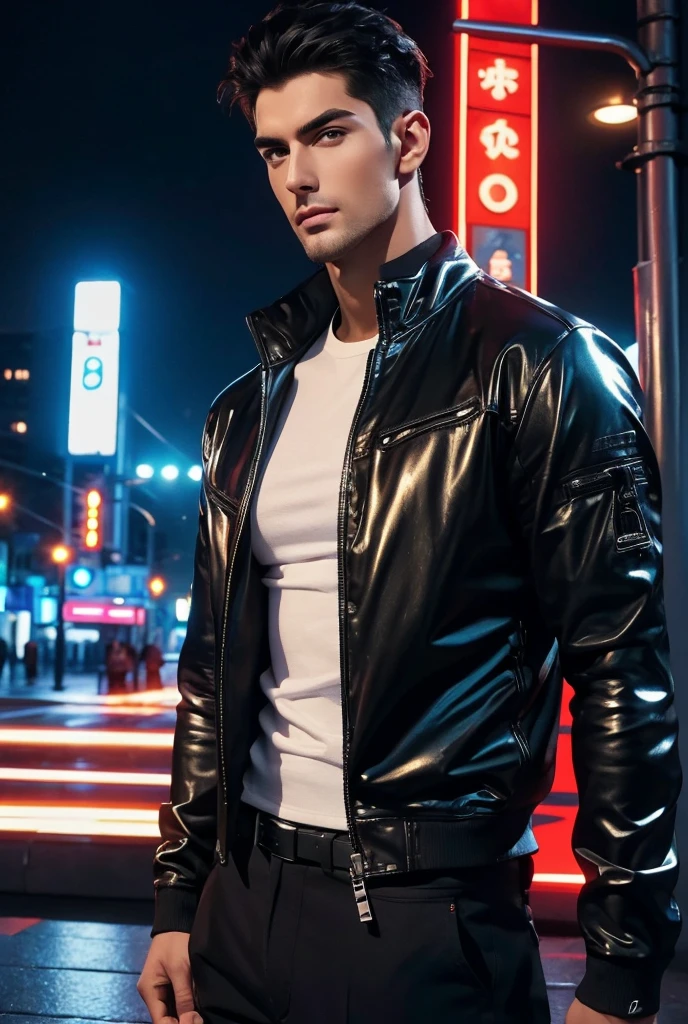 ((masterpiece)),((best quality)),((ultra high detailed)),((realistic,)), a tall handsome muscular young man, cyberpunk, solo, extremely detailed face and body, (shiny smooth skin), hot glow in his skin, perfect facial features, beautiful eyes, short hairstyle, sexy gaze, sexy expression, looking at the viewer romantically, open shirt, beautiful, gorgeous, wet, Futurist era city, architectural streets, futuristic train lines, buildings, night, European city, rainy, neon lights, sexy posture,