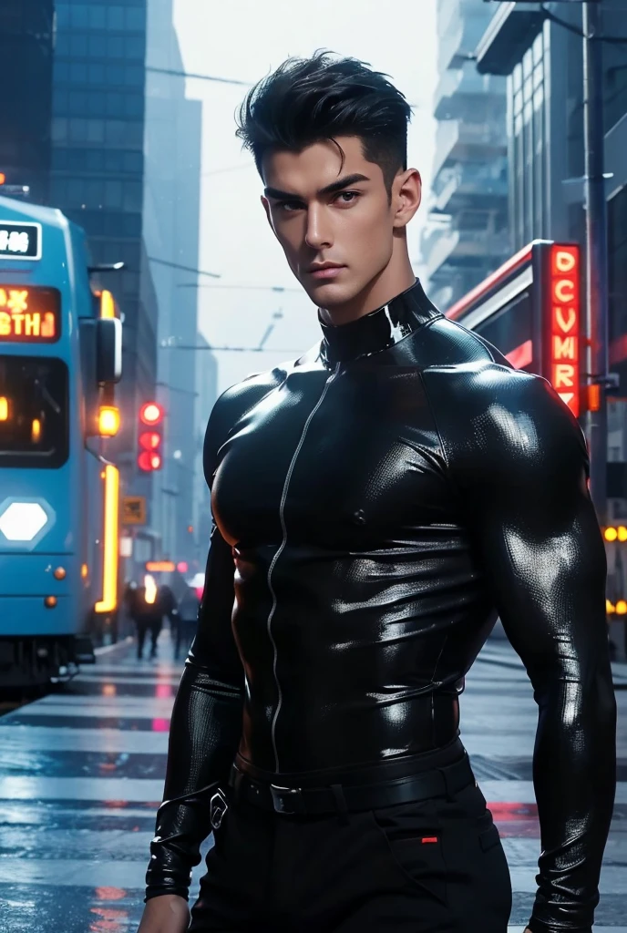 ((masterpiece)),((best quality)),((ultra high detailed)),((realistic,)), a tall handsome muscular young man, cyberpunk, solo, extremely detailed face and body, (shiny smooth skin), hot glow in his skin, perfect facial features, beautiful eyes, short hairstyle, sexy gaze, sexy expression, looking at the viewer romantically, open shirt, beautiful, gorgeous, wet, Futurist era city, architectural streets, futuristic train lines, buildings, night, European city, rainy, neon lights, sexy posture, 