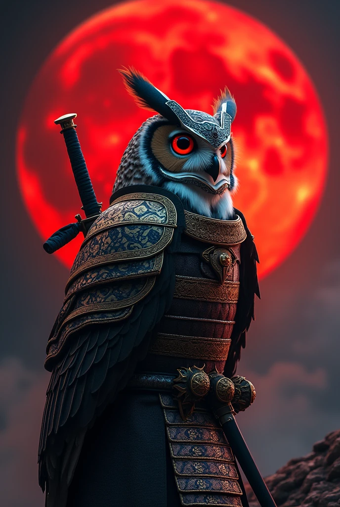 The photo shows a owl wearing a Japanese warrior costume., Standing against a big red moon background. Owl in position on the left side of the frame, Facing right with head tilted slightly upwards. He wears detailed armor resembling traditional Japanese armor., Complete with intricate designs and patterns.. The shields are primarily black with silver accents., Adding visual depth., His eyes focused on something in the distance.. Sheathed sword on the back of the owl, indicating readiness for battle or a celebratory posture., Create a dramatic and intense atmosphere., Retina, precise, Masterpiece, Superior detail, High detail, Best quality, Award winning, High accuracy, High resolution, 4K, 8 k, 16 kg, Retina, precise, Masterpiece, Anatomically correct, Textured leather, Superior detail, High quality, Award winning, High accuracy, 8 k, 16 kg