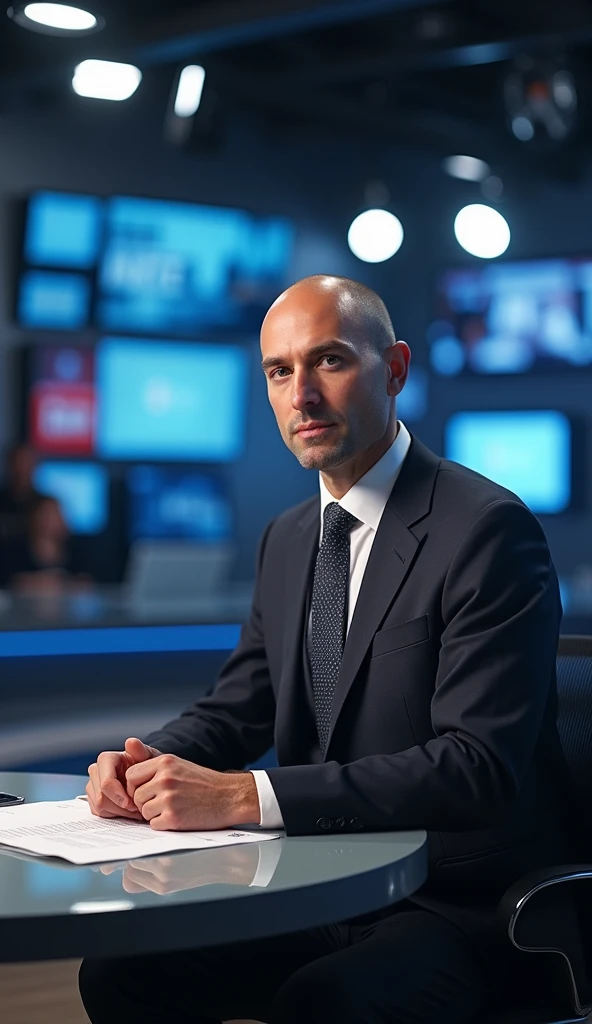 A journalist on a television set, giving the news about the Ivory Coast