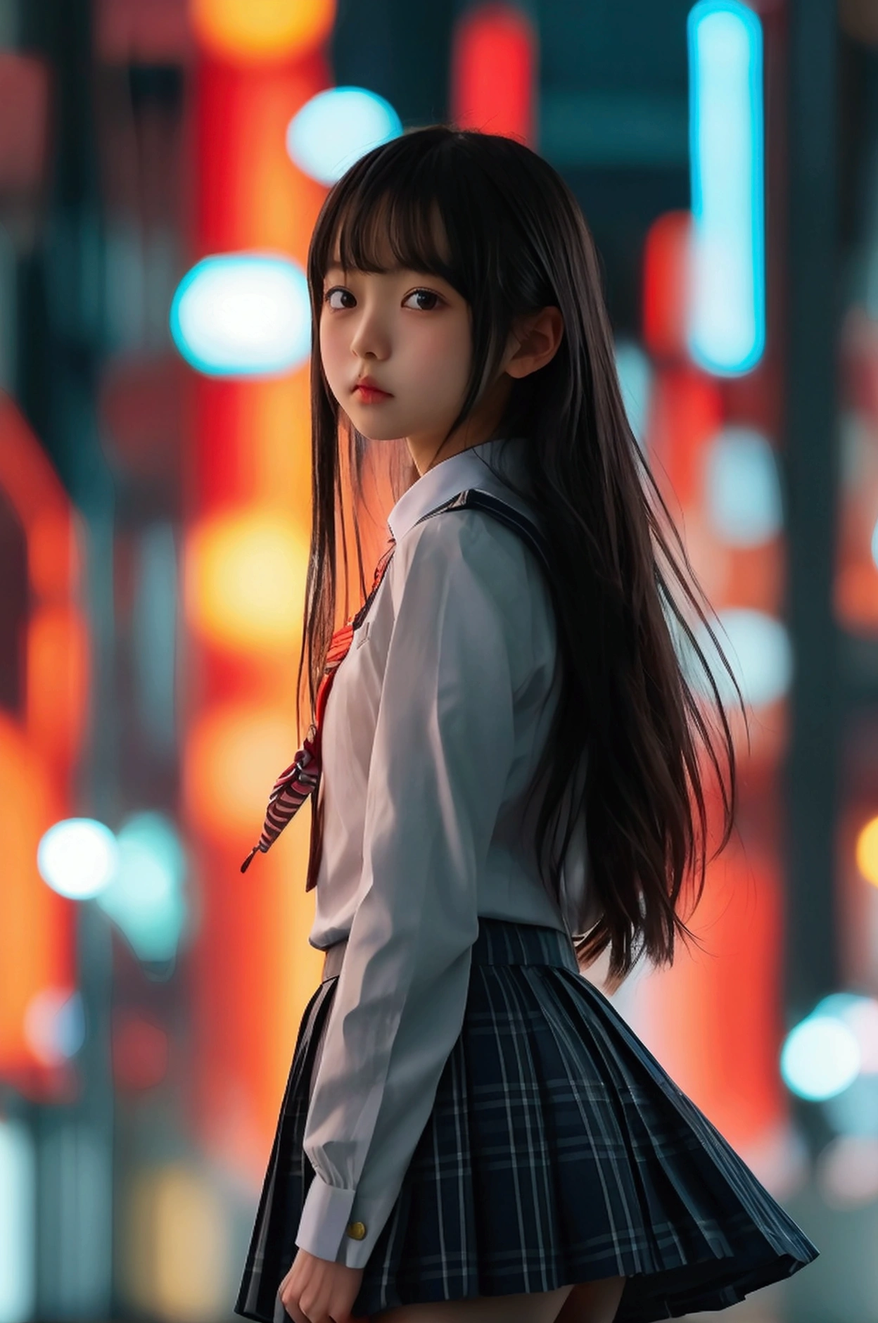 realistic,Japanese、cute face,slender young girl、highschool uniform,too micro mi skirt,too long legs,beautiful thigh to toe,The photo even shows the feet、Random Location、Random composition