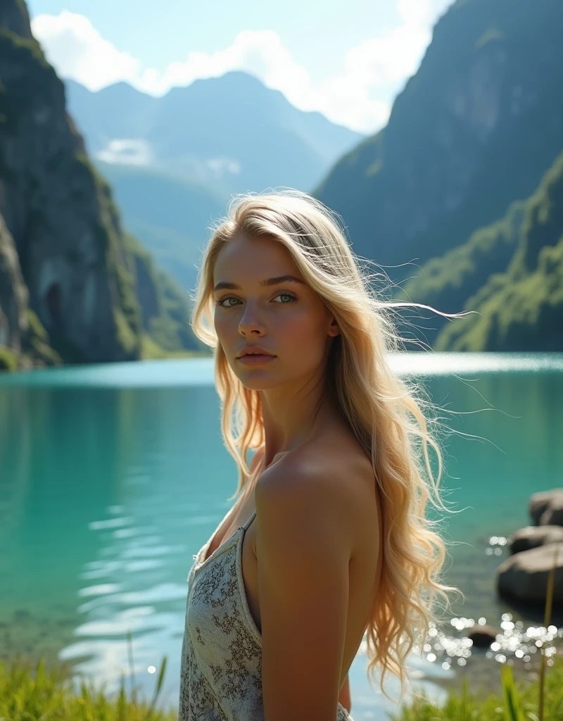 hyperealistic photo A full body shot of a beautiful blonde woman with long, nacked, flowing hair, A serene mountain lake with crystal-clear turquoise water, surrounded by towering cliffs and lush green meadows. The sunlight creates sparkling reflections on the water's surface., detailed face and eyes, The full-body shot was Realistic, detailed. ultra-realistic photograph captured, high-resolution quality ,detailed face, 8k