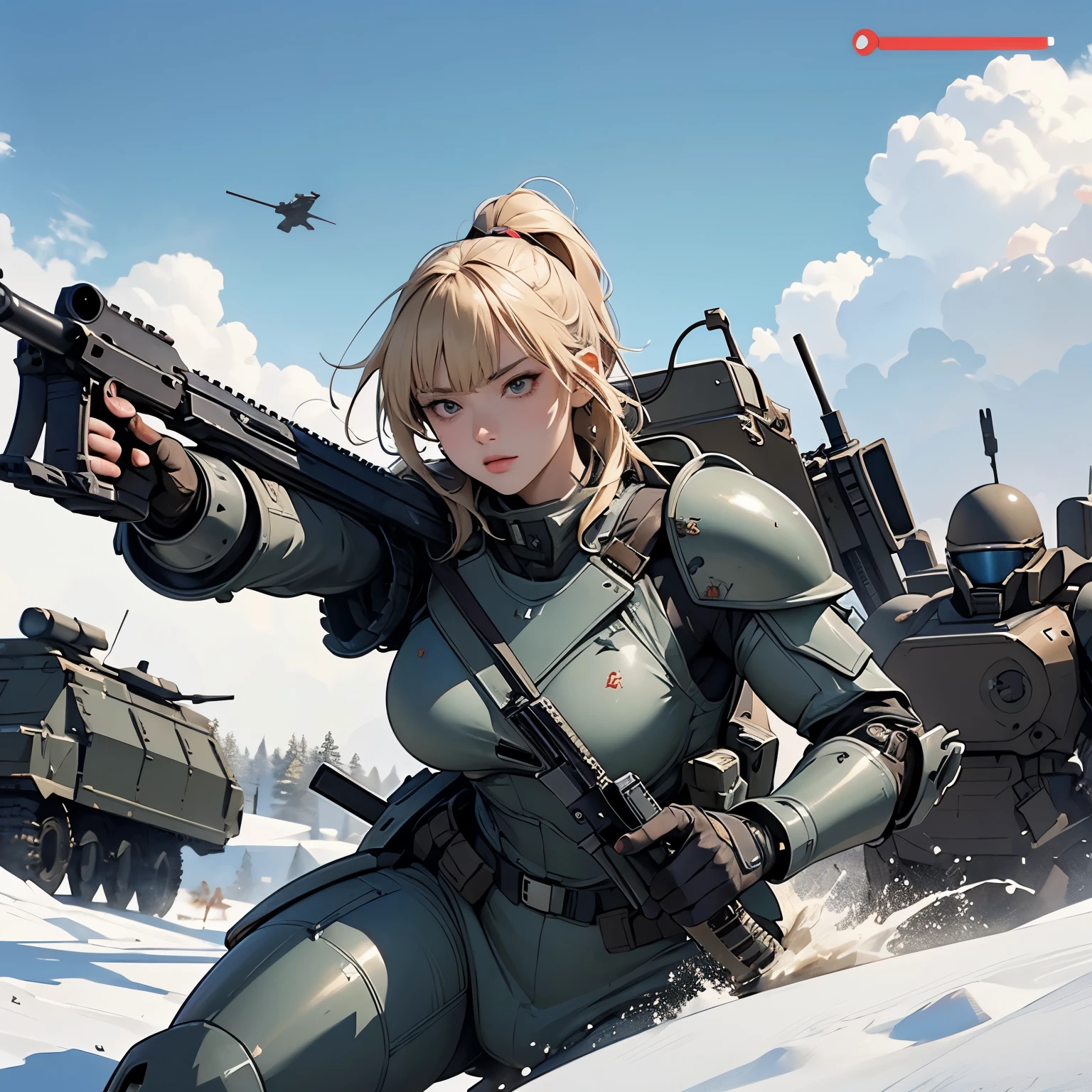 nsfw, anime screencap, 16K, perfect anatomy proportion body, perfect hands, action, A dynamic composition with a sense of speed and movement, (Hold an assault rifle:1.6), a wife, 40age, perfect beautiful delicate sexy face, perfect beautiful delicate eyes, blonde hair, blunt bangs ponytail, flat chest, abs, Camouflage-colored heavy armored steam engine full armor powered suit, Many heavily armored robot soldiers are engaged in a firefight in the background., Flying bullets, Snowy Battlefield, war, Post-apocalyptic,