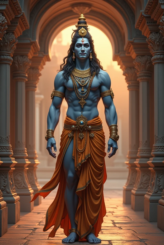 Indian God Lord Shiva is standing in the temple, smiling with a crown on his head.