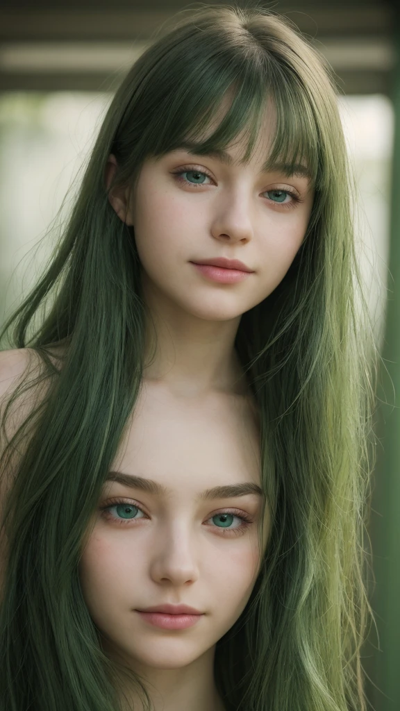 a girl. European. Extremely detailed face. Oval face. Delicate facial features. Half-closed eyes. Long straight hair. Messy hair. Bangs. Green hair. Green eyes. Pensive. Melancholic. Ethereal. Innocent. smile