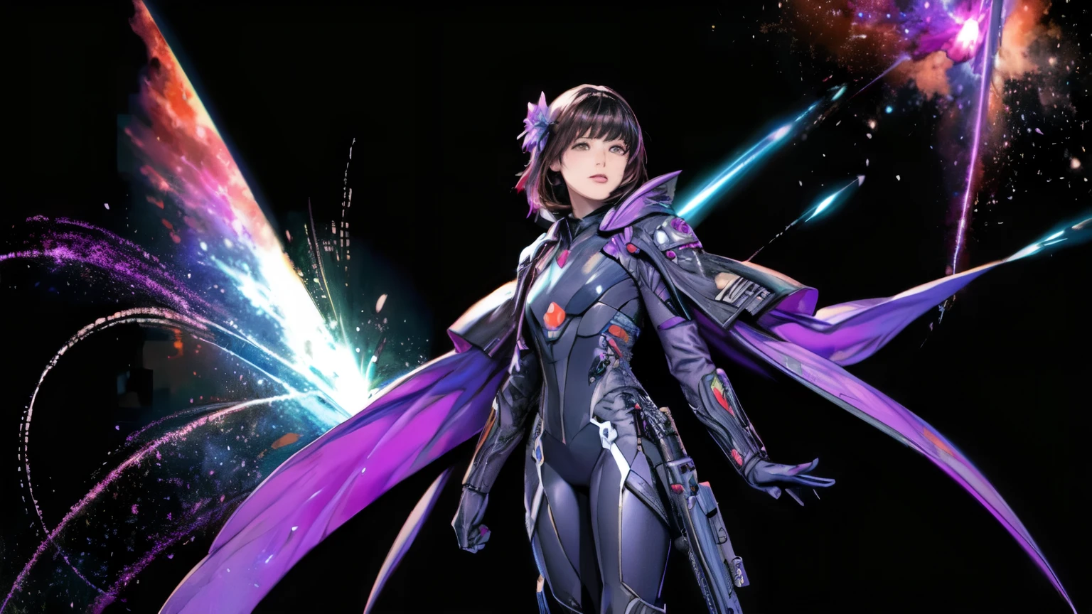278 (20-year-old woman,short hair) , flower, Futuristic clothing, machinery suit, (The background is a galaxy and nebula)