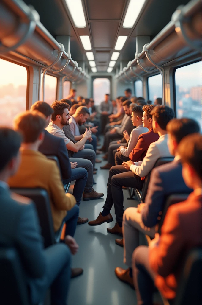 The people on the train go up and down,
Image: Passengers inside the train, some sitting, others standing or moving(3D Animation