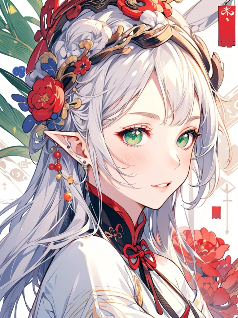 masterpiece, best quality, 1girl, ultra detailed, ultra highres, well-definded facial features, anatomically correct, cute girl, long pointy ears, elf, nice face, white hair, green eyes, China dress, ukiyo-e,