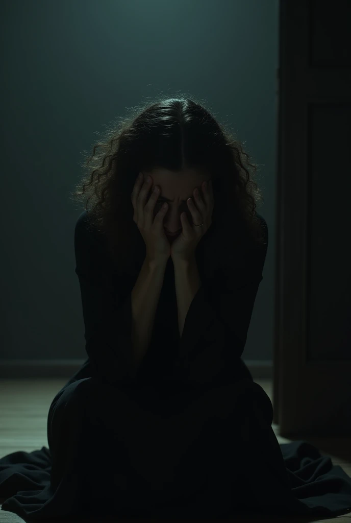 The women along sitting in a dark room and his crying waring black dress and showing his face and lose curly hair and his face full of teas