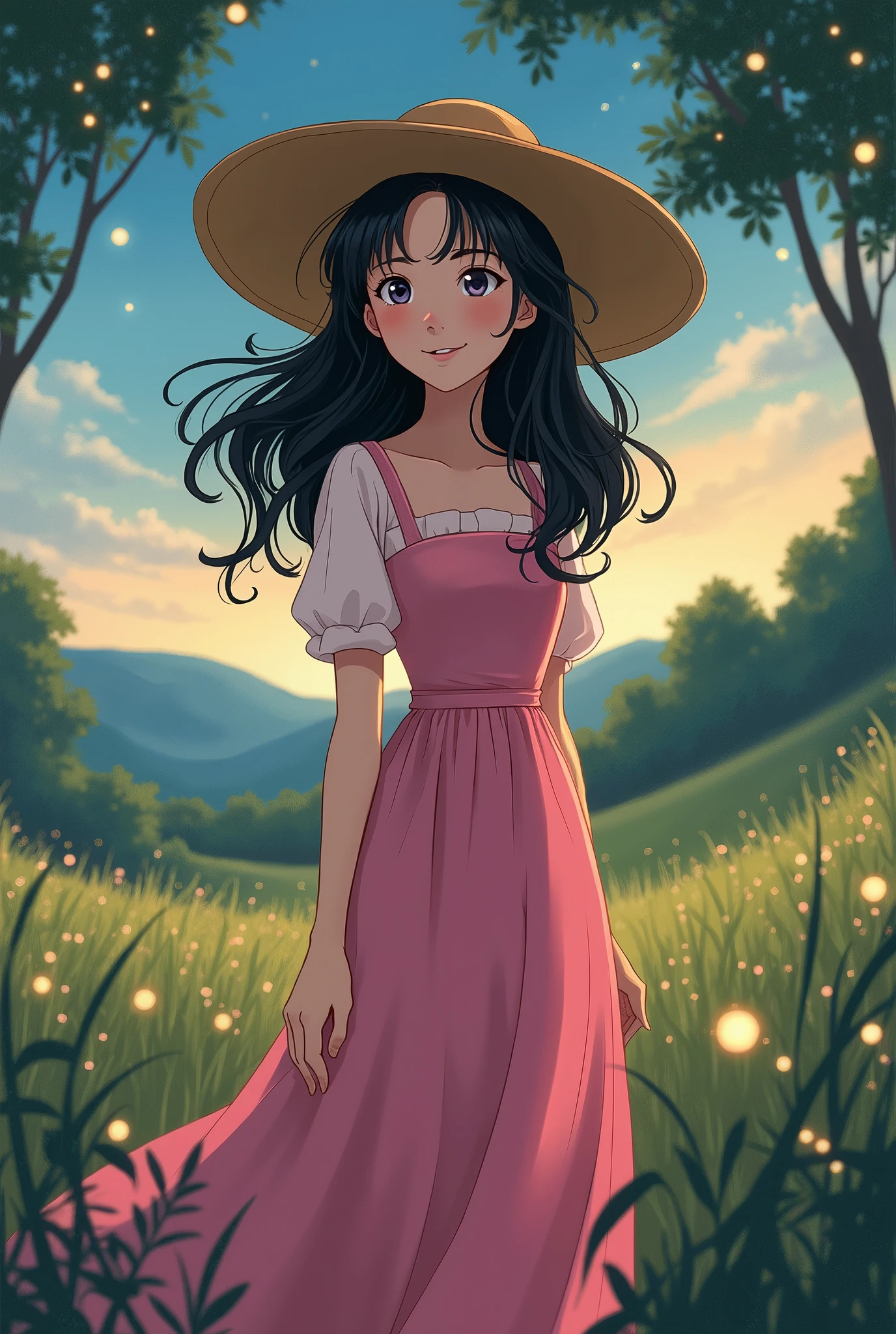 A woman medium long black hair wavy with pink dress and hat, she smiling, fireflies,in the style of studio ghibli artwork, pastel colour