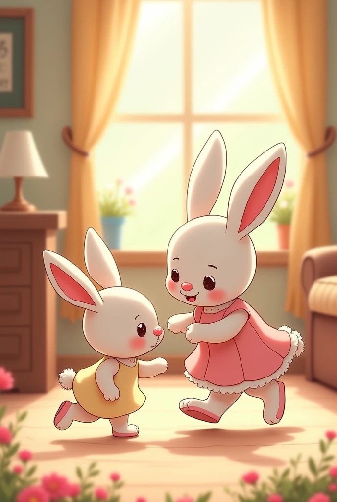 A little white bunny wearing female clothes running towards her mother also wearing female clothes in her house in cartoon style