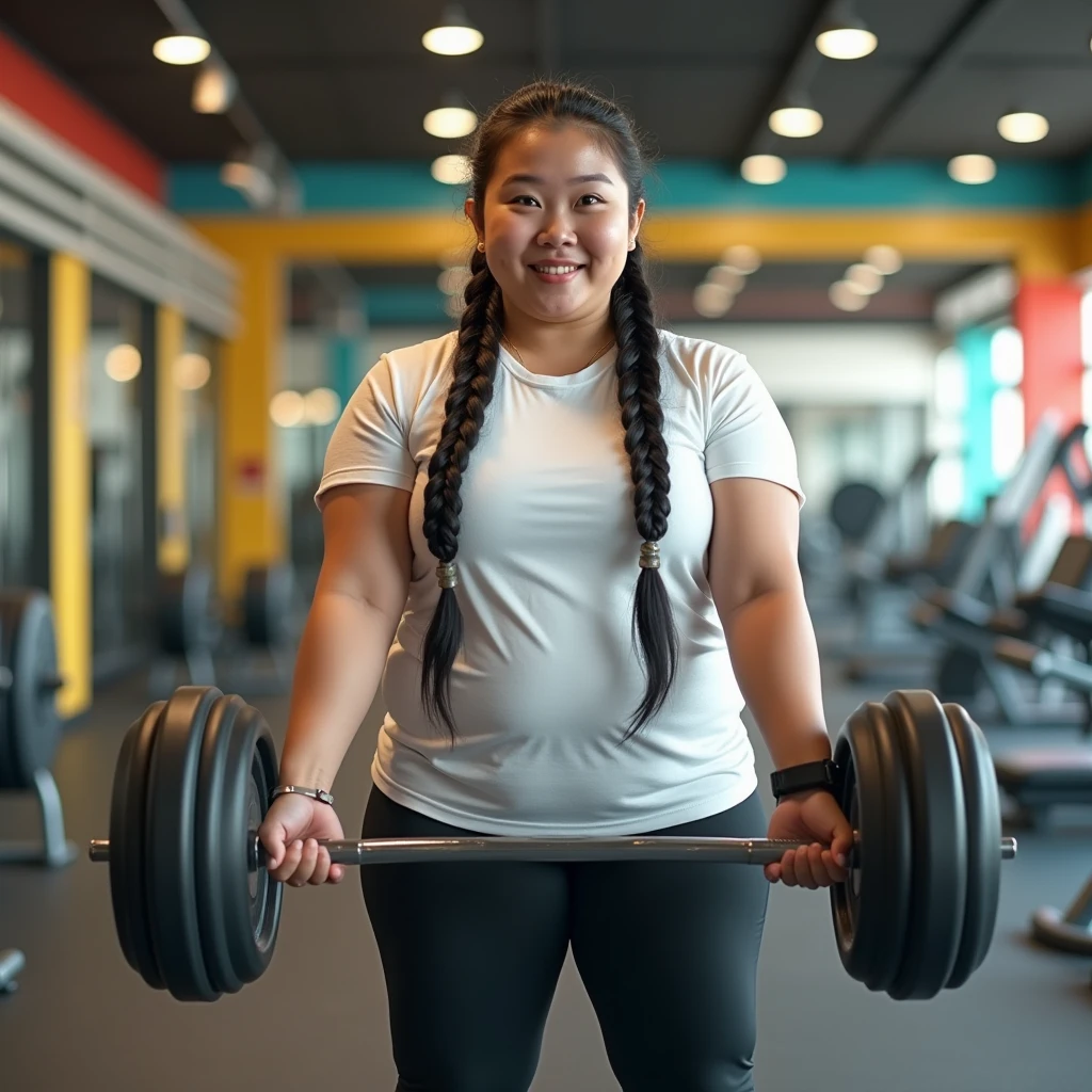A asian overweight Girl, black hair, braided hair on both sides, white t-shirt, black legging, wear shoes, looking viewer, facing the viewer, excitement on the face, hand lifting big solo weights, trying to loose weight, back ground at many colored gym. realictics, You should not describe the chest and genital areas.
